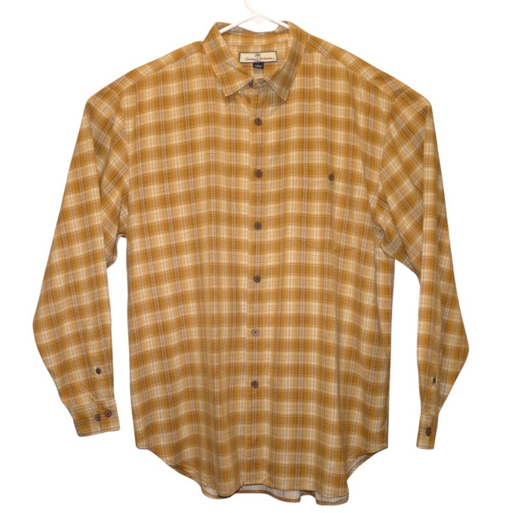 Tommy Bahama Mens Large 100% Silk Button Front Shirt Yellow Tan Plaid Long Sleev - Picture 2 of 8